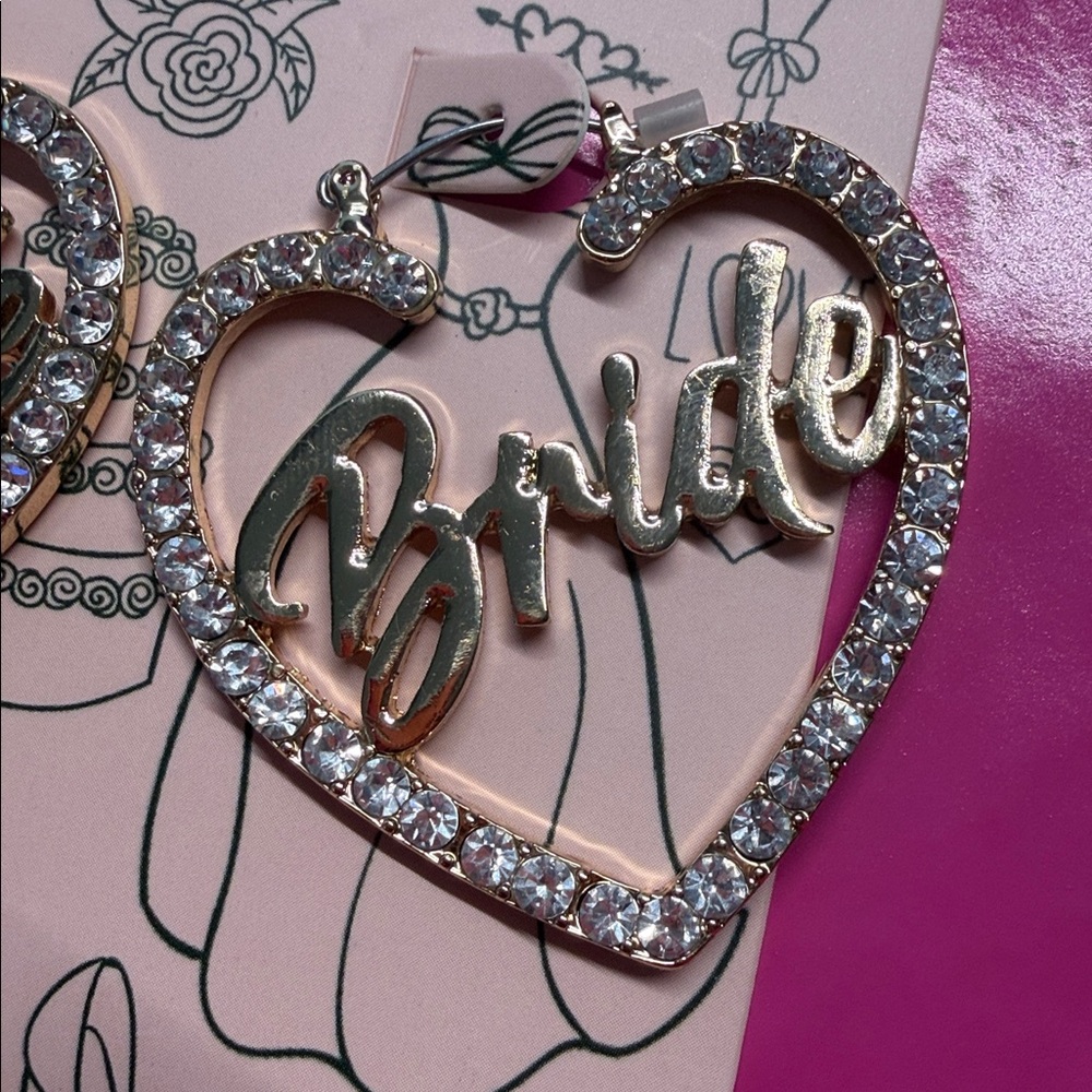 Bride Heart Hoop Earrings Rhinestone Gold Tone Wedding Bridal Party Jewelry